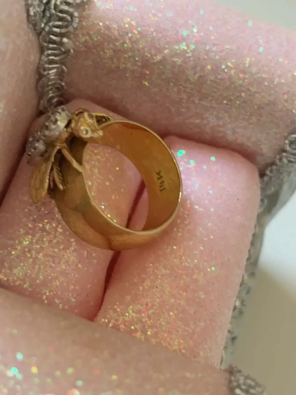 Large Vintage 14K Gold Diamond Bee Statement Ring with Diamond eyes wide band Be